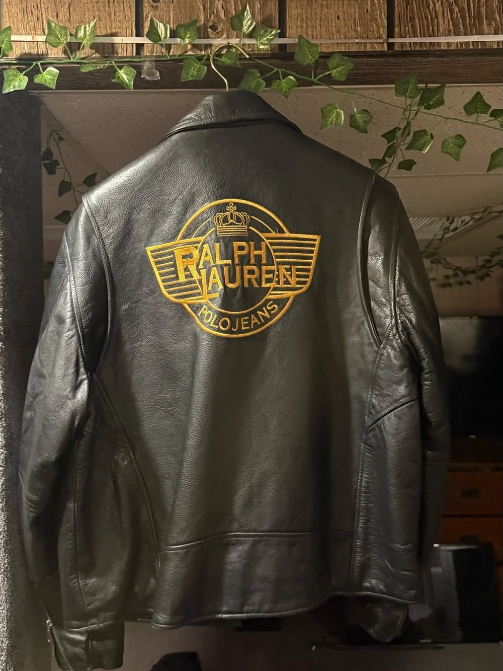 Ralph Lauren Black Leather Biker Jacket with Yellow Back Logo